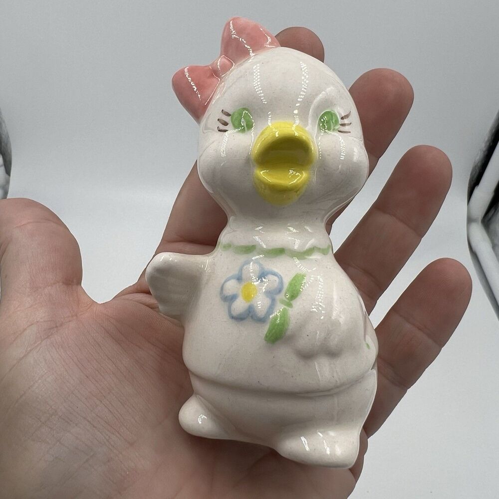 Rare Vintage Macrame Bead Ceramic Baby Girl  Duck Bow Pink Flower Figurine